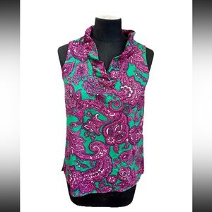 Crown & Ivy stretch ruffle collar v-neck pink paisley printed tank top ladies SM